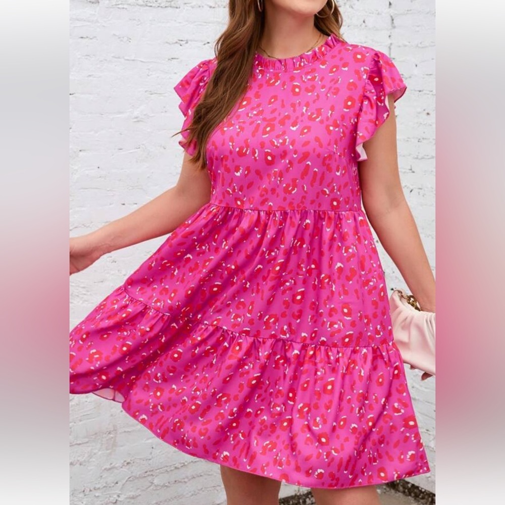 Women’s pink  Leopard Print Butterfly Sleeve Ruffle Hem
Smock Dress NEOT sz 1X